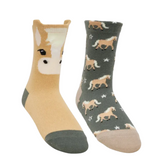 Two socks with horse designs on a white background